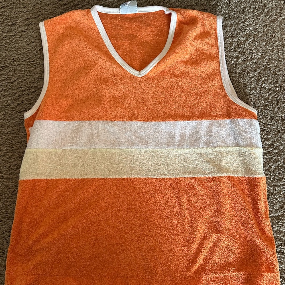 Vintage Orange Terry V-Neck Tank with White and Cream Stripes